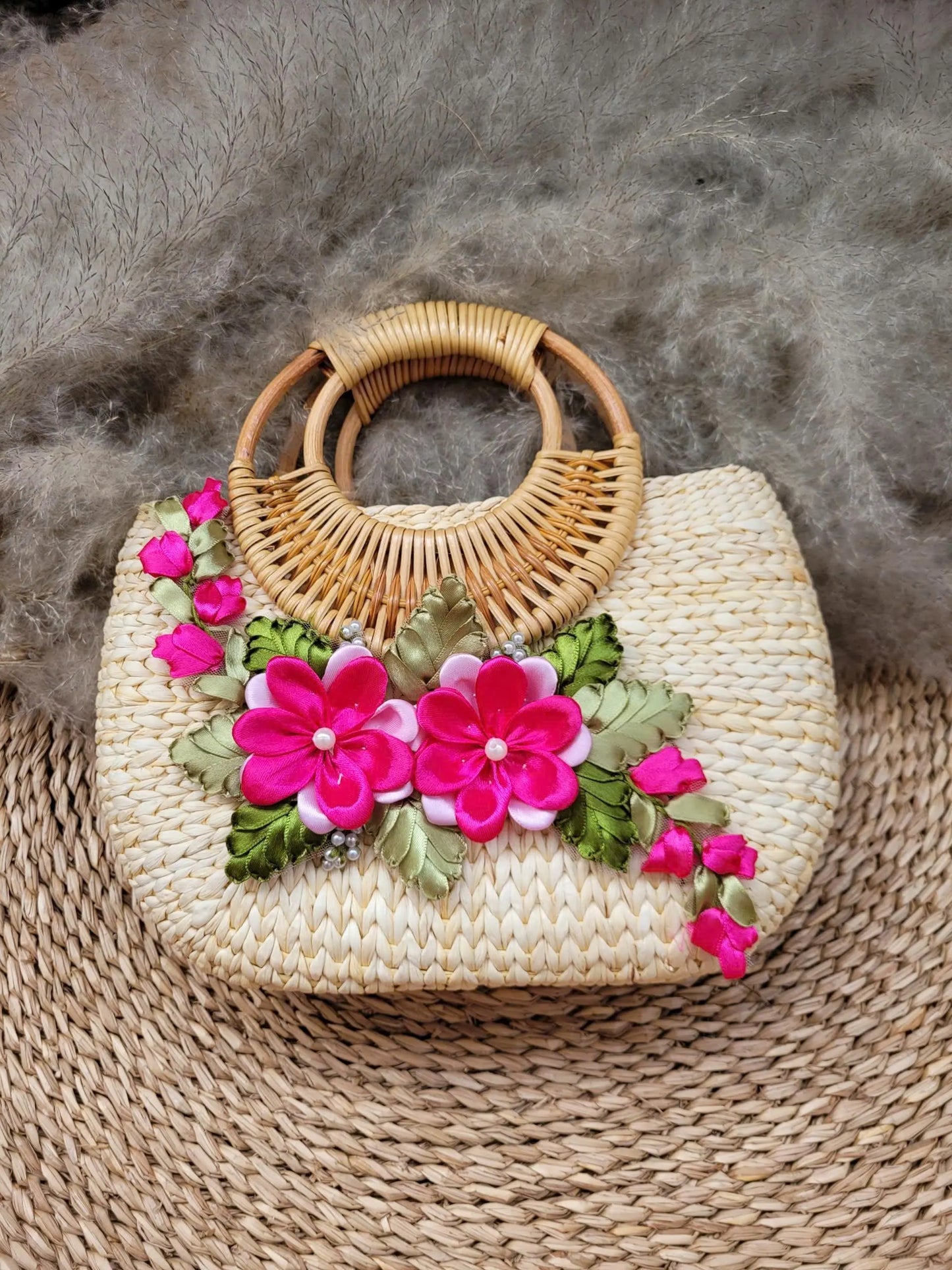 Handmade Woven Rattan Bag with 3D Ribbon Flowers | Straw Summer Purse | Vietnamese Basket Handbag