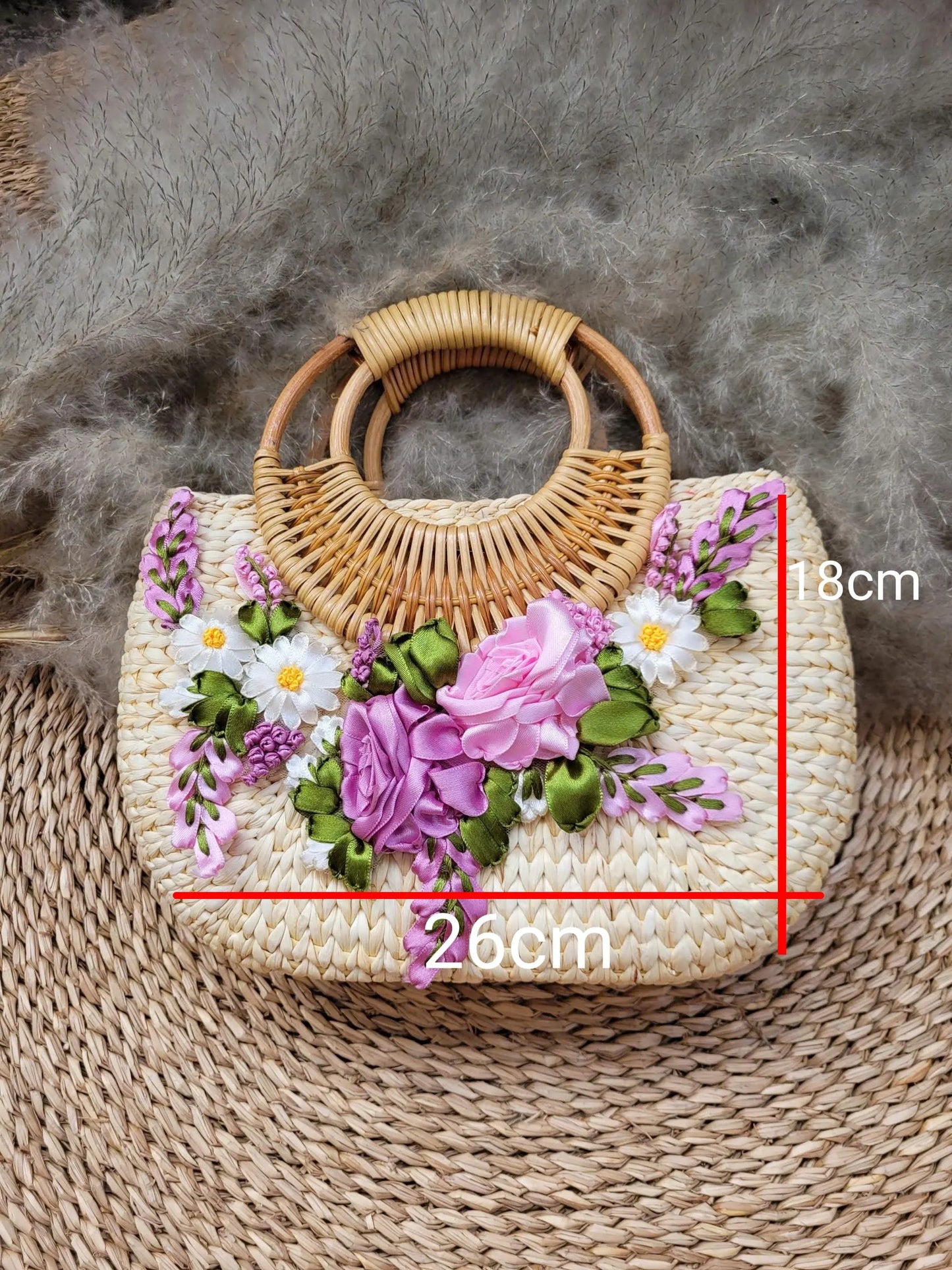 Handmade Woven Rattan Bag with 3D Ribbon Flowers | Straw Summer Purse | Vietnamese Basket Handbag