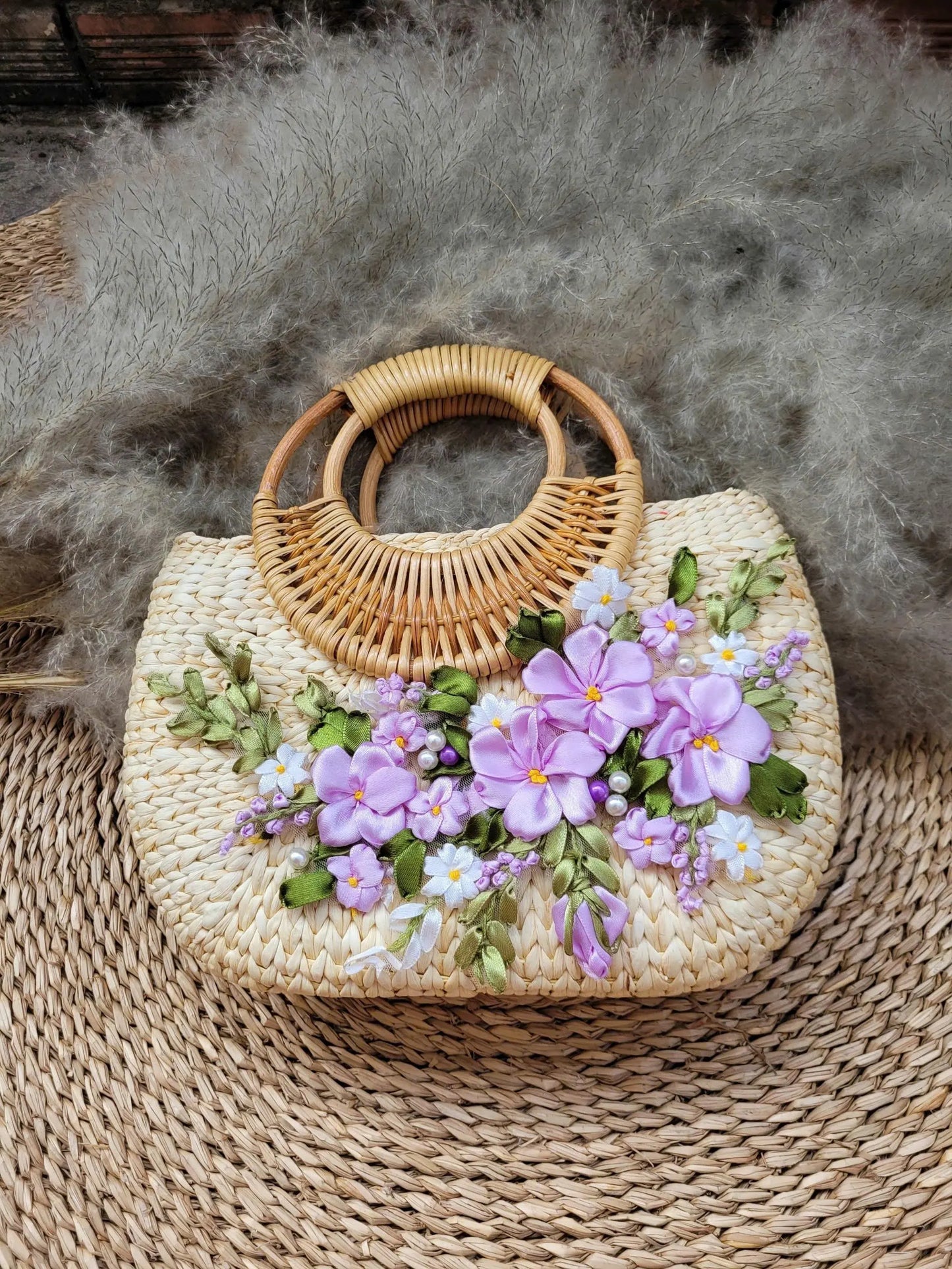 Handmade Woven Rattan Bag with 3D Ribbon Flowers | Straw Summer Purse | Vietnamese Basket Handbag