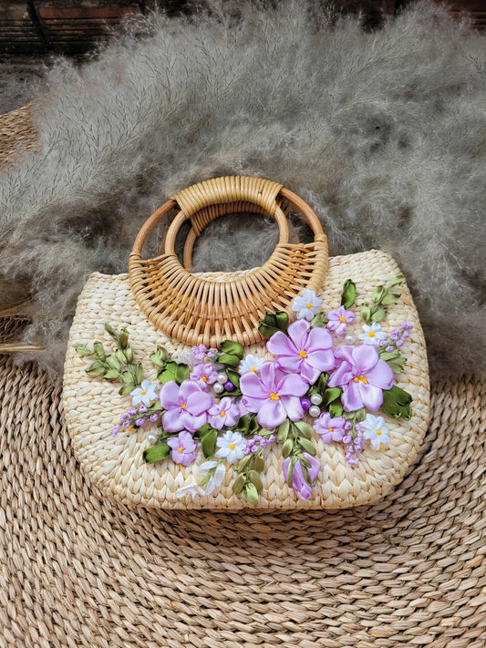 Handmade Woven Rattan Bag with 3D Ribbon Flowers | Straw Summer Purse | Vietnamese Basket Handbag