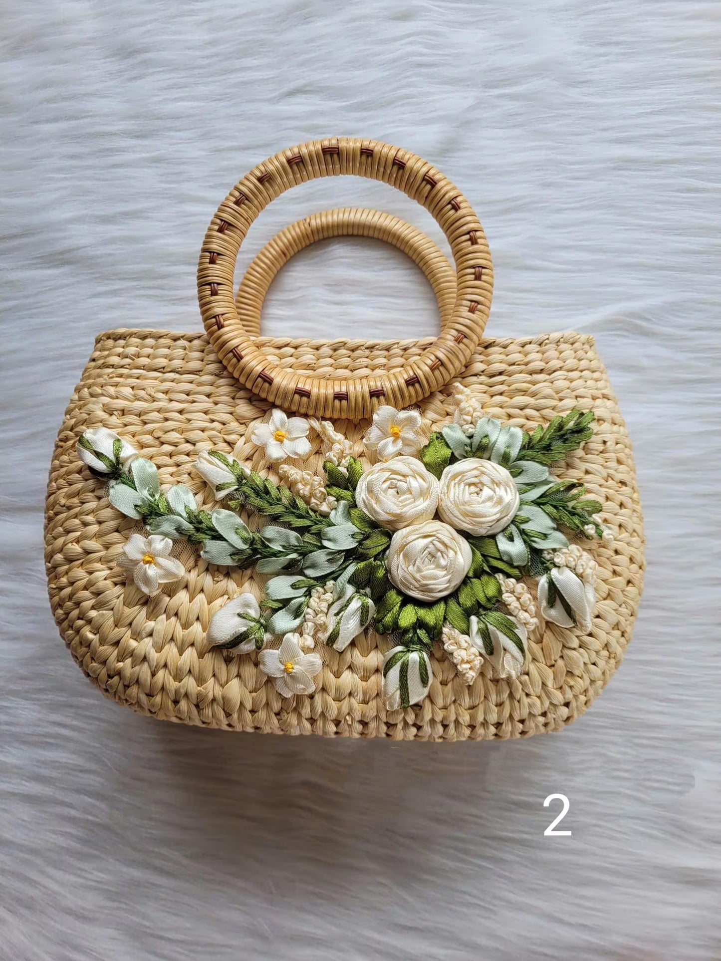 Handmade Woven Rattan Bag with 3D Ribbon Flowers, Luna New Year 2026 Accessory