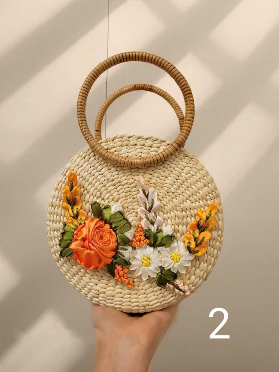 Handmade Woven Rattan Bag with 3D Ribbon Flowers