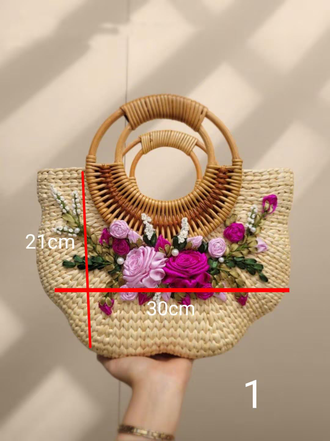 Luna New Year 2026 Accessory lHandmade Woven Rattan Bag with 3D Ribbon Embroidery Flowers