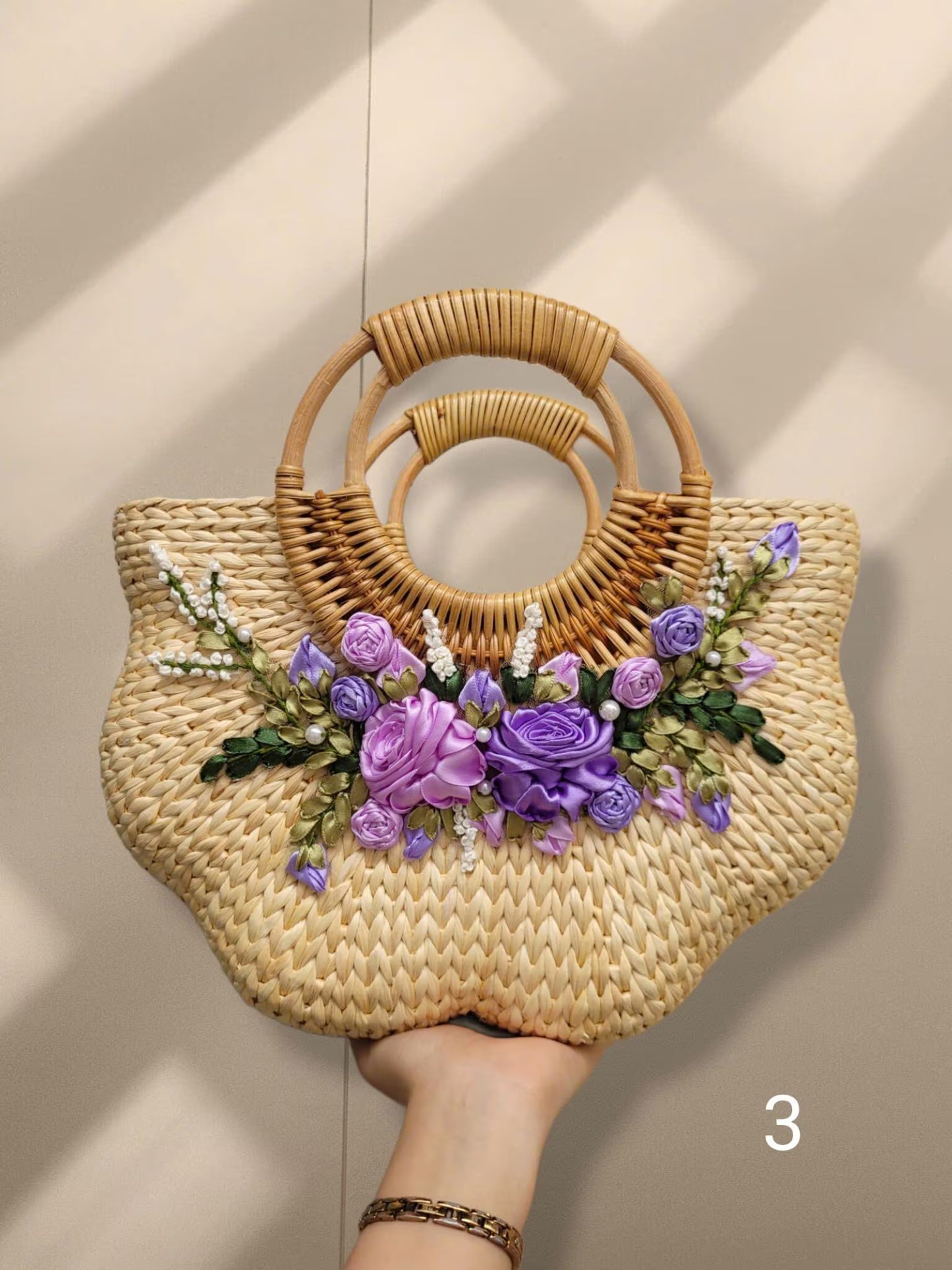 Luna New Year 2026 Accessory lHandmade Woven Rattan Bag with 3D Ribbon Embroidery Flowers
