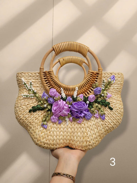 Luna New Year 2026 Accessory lHandmade Woven Rattan Bag with 3D Ribbon Embroidery Flowers