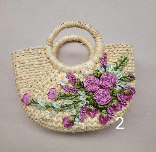 Vietnamese Basket Handbag, Handmade Woven Rattan Bag with 3D Ribbon Flowers