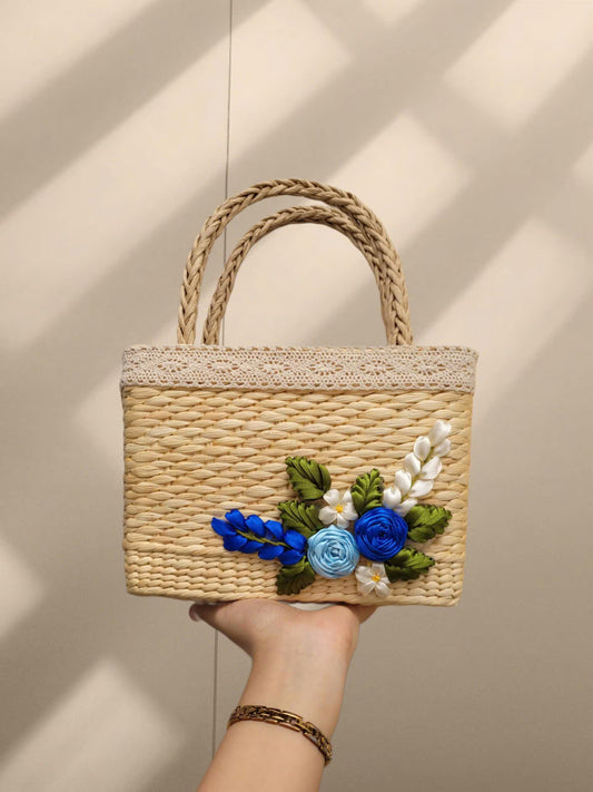 Handmade Woven Rattan Bag with 3D Ribbon Flowers | Floral Beach Bag | Vietnamese Basket Handbag