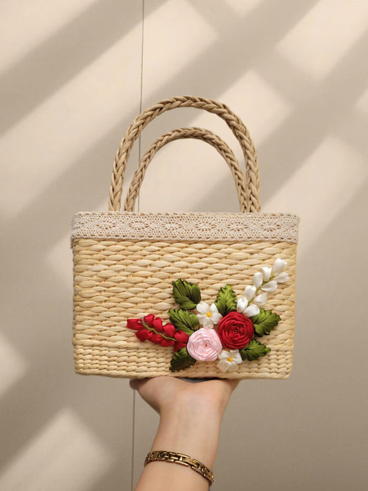 Handmade Woven Rattan Bag with 3D Ribbon Flowers | Straw Summer Purse | Floral Beach Bag | Vietnamese Basket Handbag