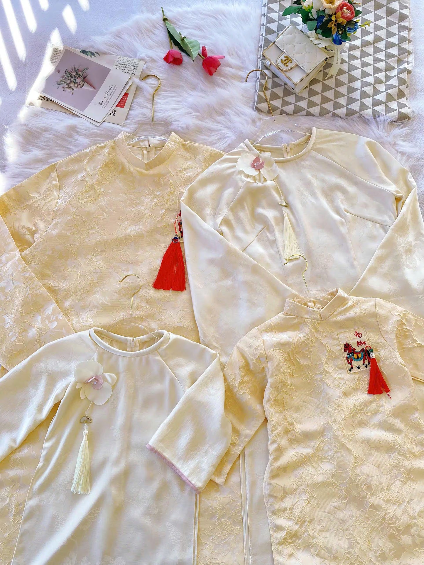 Matching Family Light Yellow and Cream Ao Dai Set/Ao Dai Gia Dinh Tet 2026/ GD2