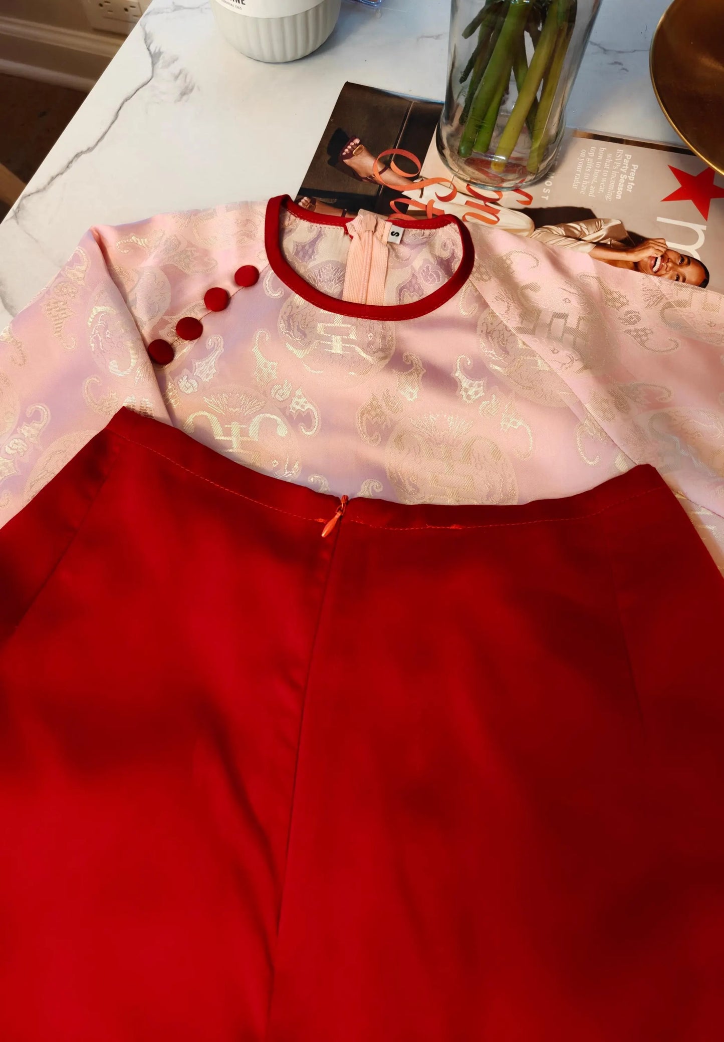 XUAN THI Set Ao Dai Lua To Tam Long Phung Light Pink Color/Vietnamese Traditional Long Dress with Pants, the same material/B277