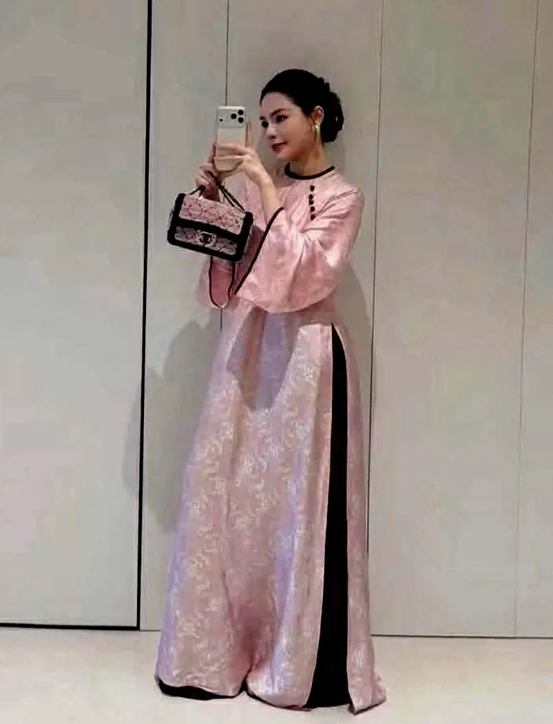 XUAN THI Set Ao Dai Lua To Tam Long Phung Light Pink Color/Vietnamese Traditional Long Dress with Pants, the same material/B277