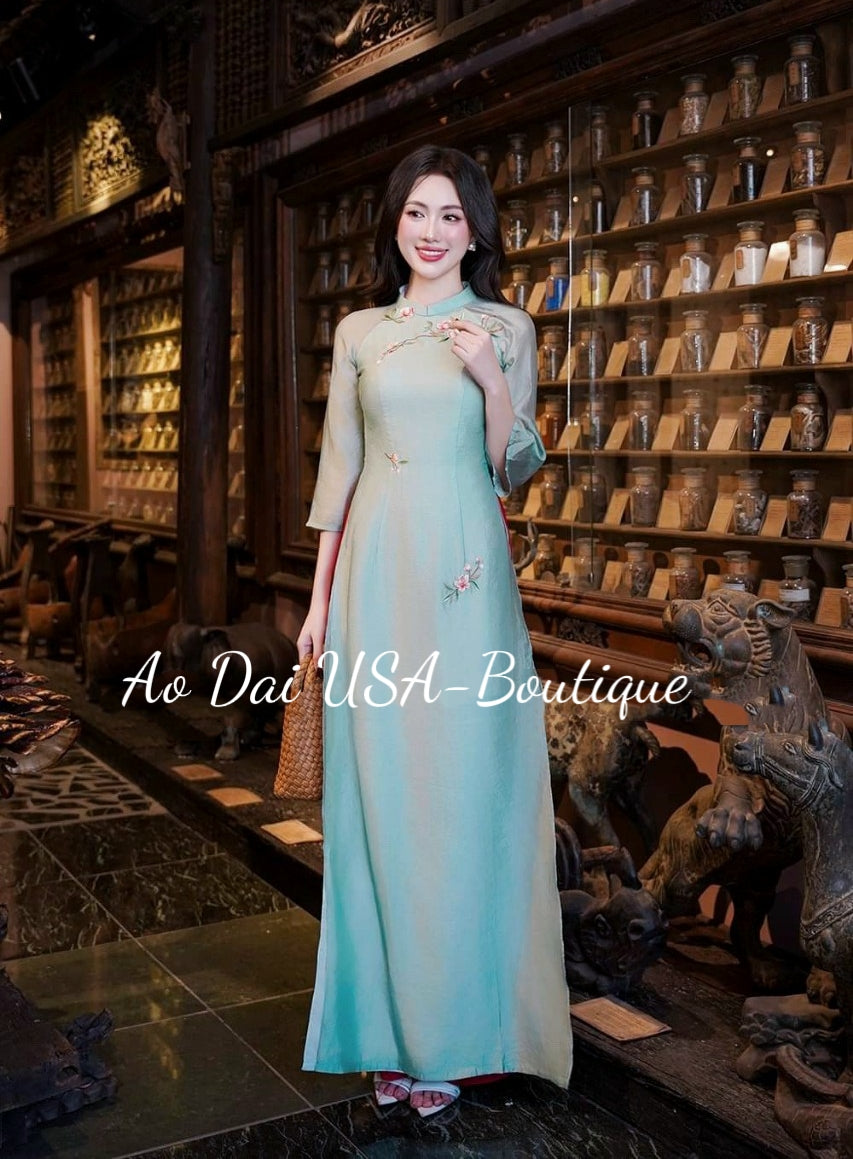 Blue Flower Embroidery Ao Dai Set (Red Pants) B337