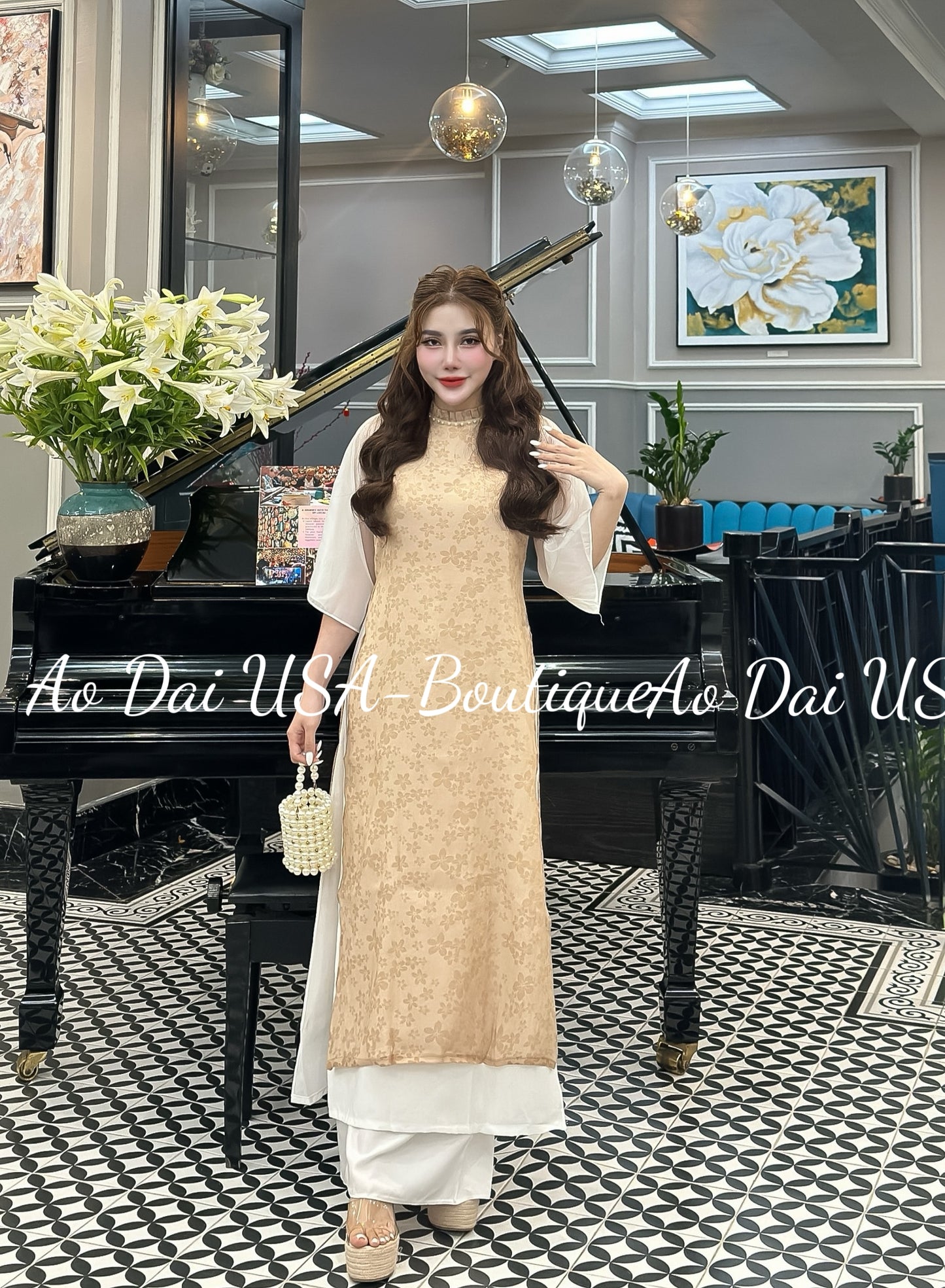 Set Ao Dai Cach Tan light Cream (Pants included) CT283