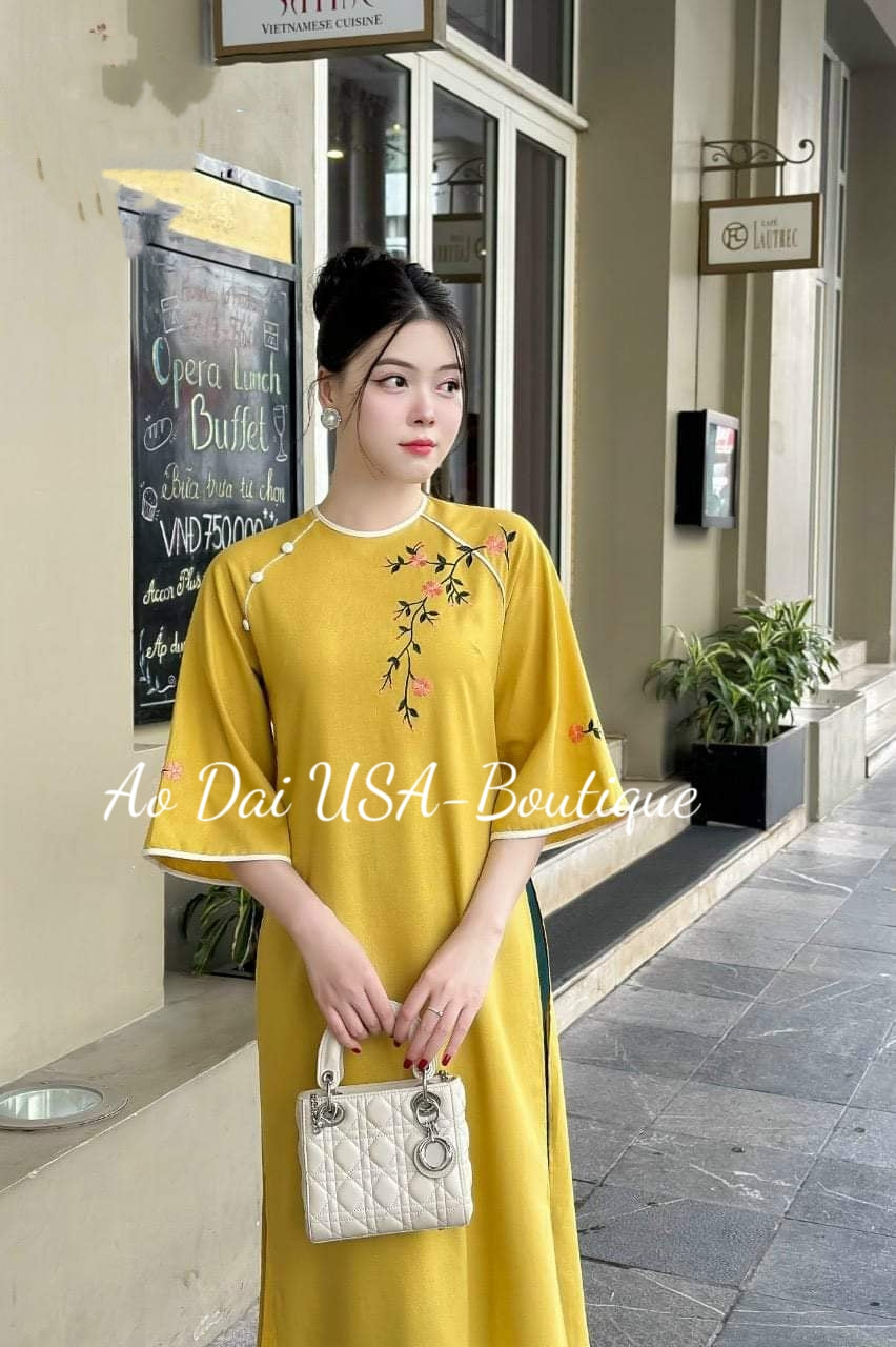 Set Ao Dai Yellow Flower embroidery (Pants included) B338