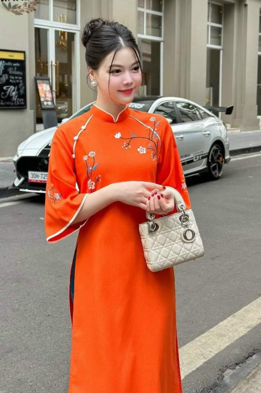 Set Ao Dai Cach tan From Suong- Shifted Orange Embroidery B236