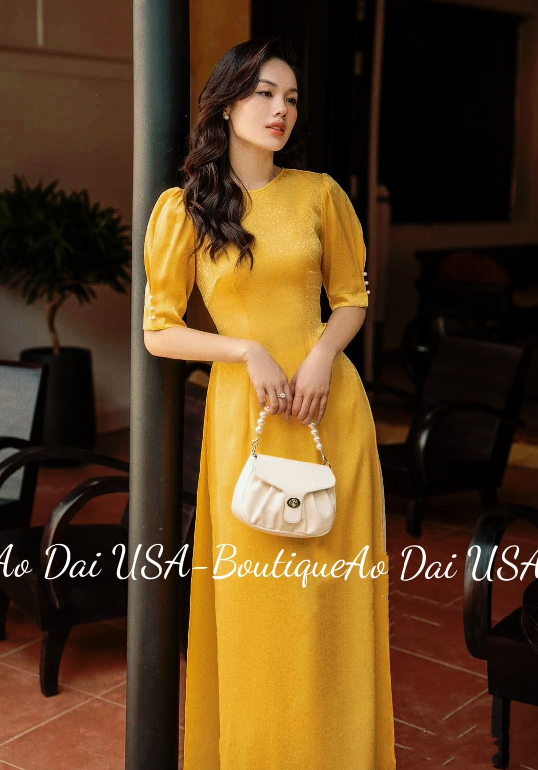 Top Only- Ao dai gấm tơ Yellow Short Sleeves B229