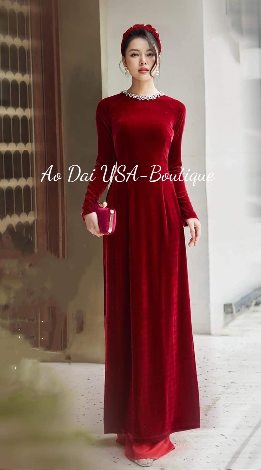 Top Only- Prussian Red Velvet Ao Dai