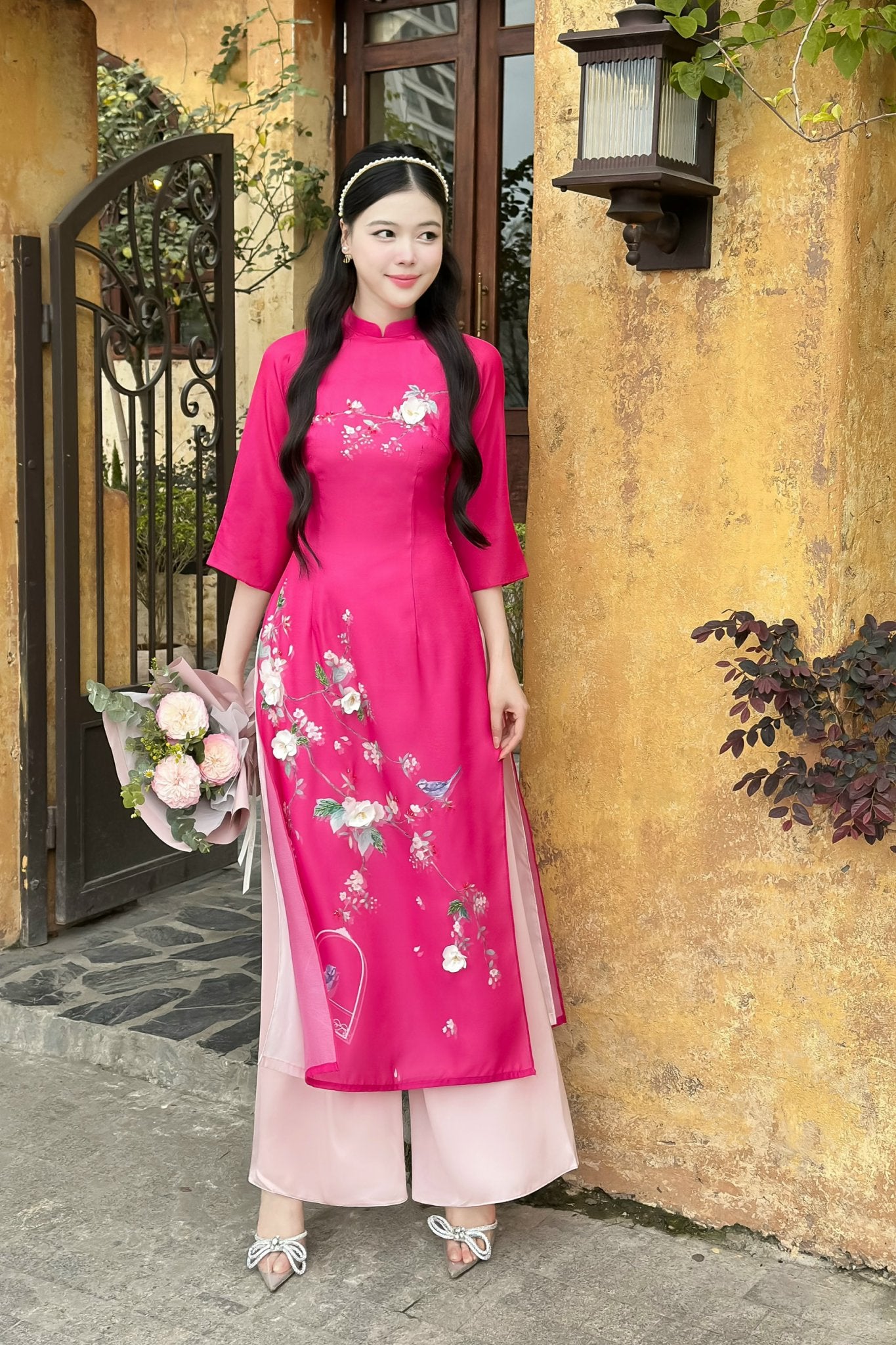 Set Ao Dai Cach Tan Hot Pink Color