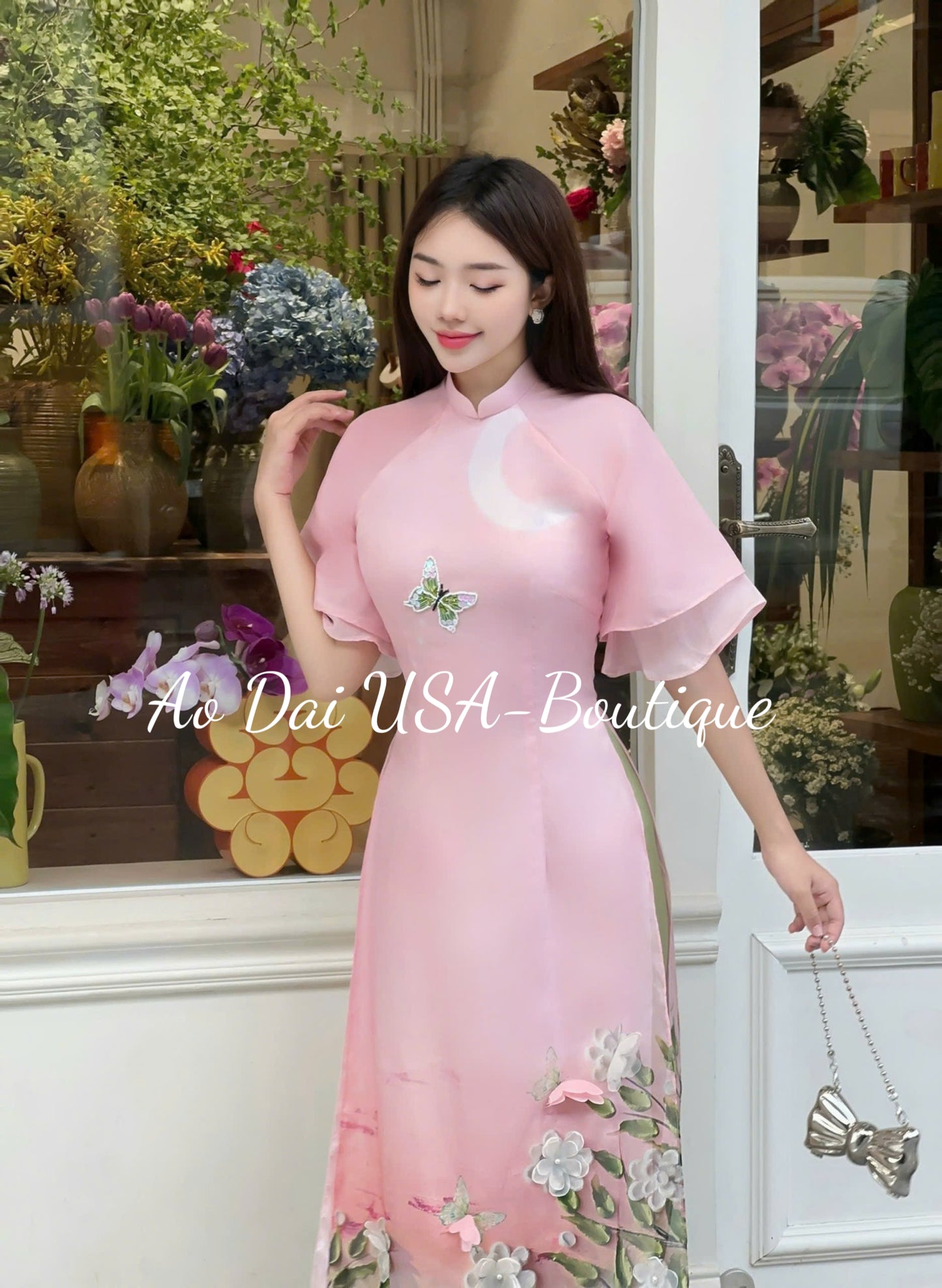 Light Pink 3D Blossoms Branches Ao Dai Set B292