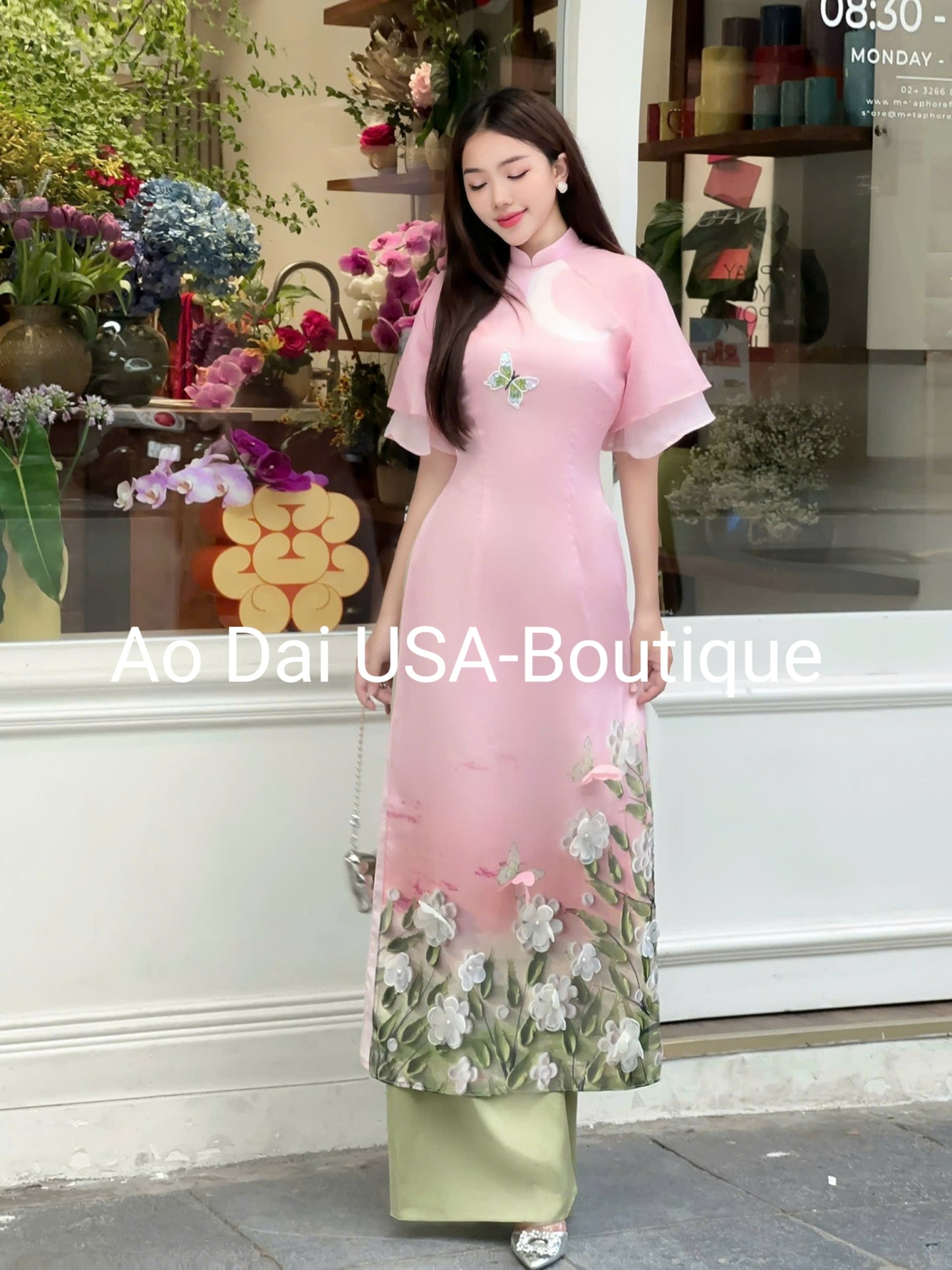 Light Pink 3D Blossoms Branches Ao Dai Set B292