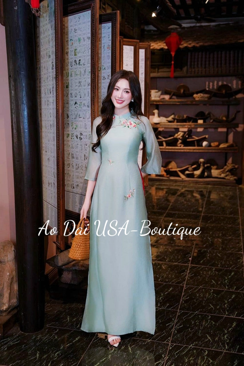 Blue Flower Embroidery Ao Dai Set (Red Pants) B337