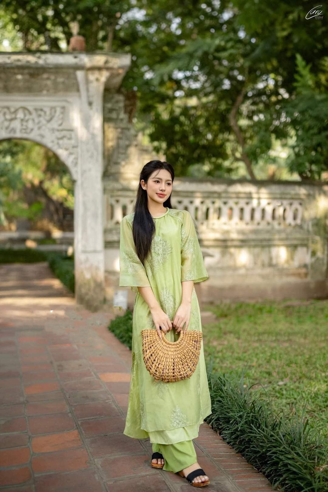 Avacado Flower Embroidery Ao Dai Set (Green Pants) B66