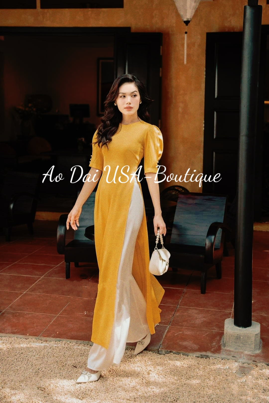 Top Only- Ao dai gấm tơ Yellow Short Sleeves B229