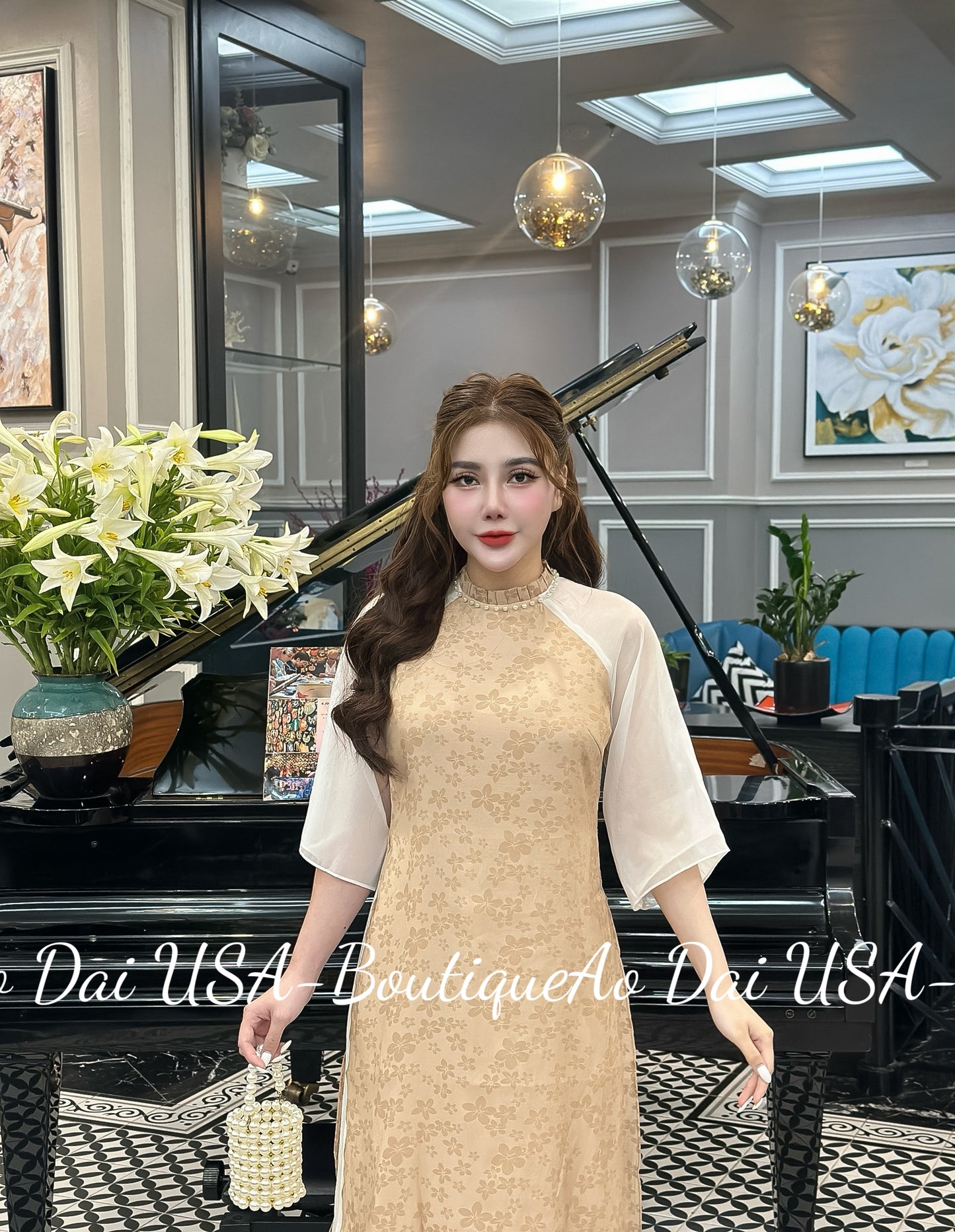 Set Ao Dai Cach Tan light Cream (Pants included) CT283