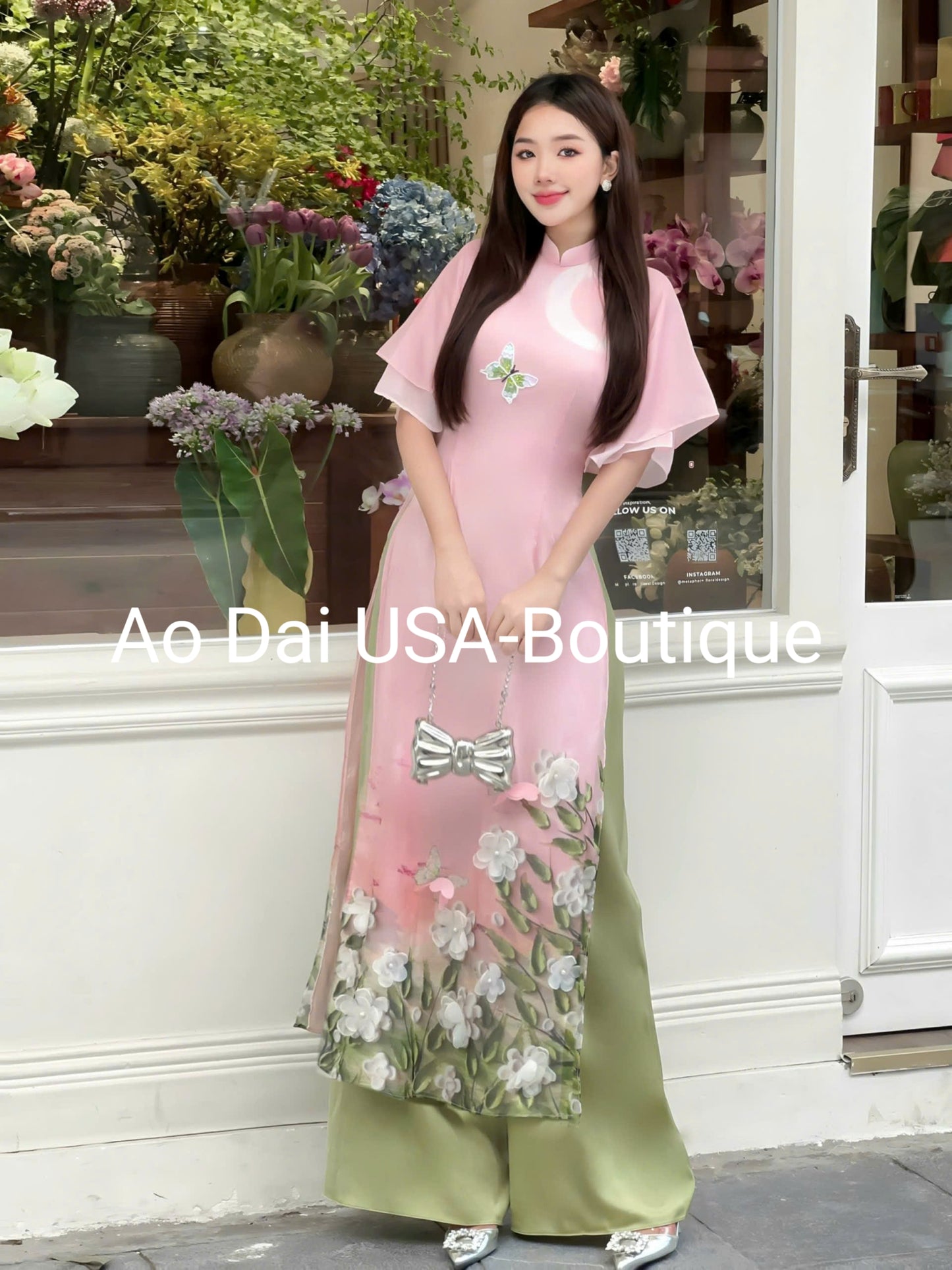 Light Pink 3D Blossoms Branches Ao Dai Set B292