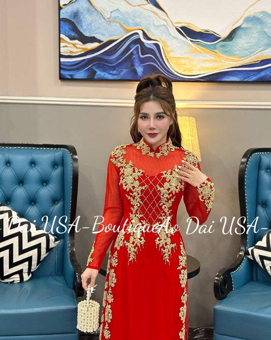 Set Ao Dai Wedding with Gold Embroidery and LONG Train- RED PANTS included B396