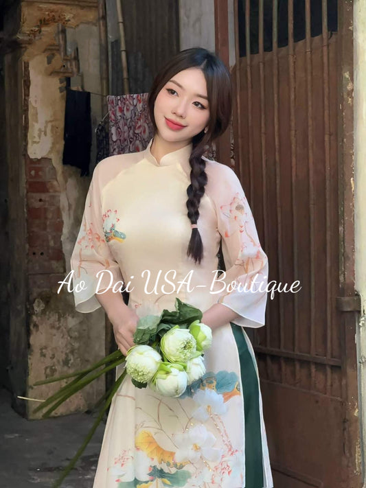 Cream Flower Chiffon Ao Dai Set (Green Pants) B305