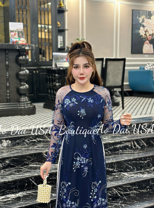 Double layers Lace Ao Dai- Blue Color-No pants included B263