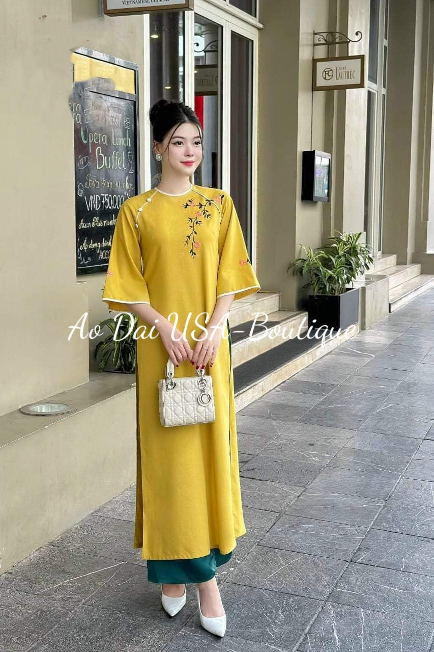 Set Ao Dai Yellow Flower embroidery (Pants included) B338