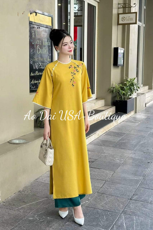 Set Ao Dai Yellow Flower embroidery (Pants included) B338