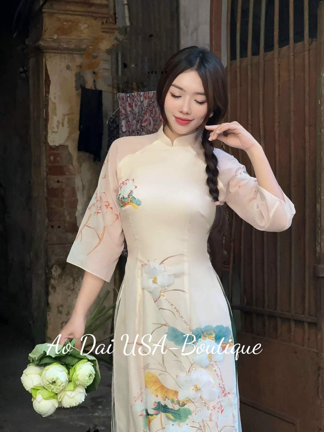 Cream Flower Chiffon Ao Dai Set (Green Pants) B305