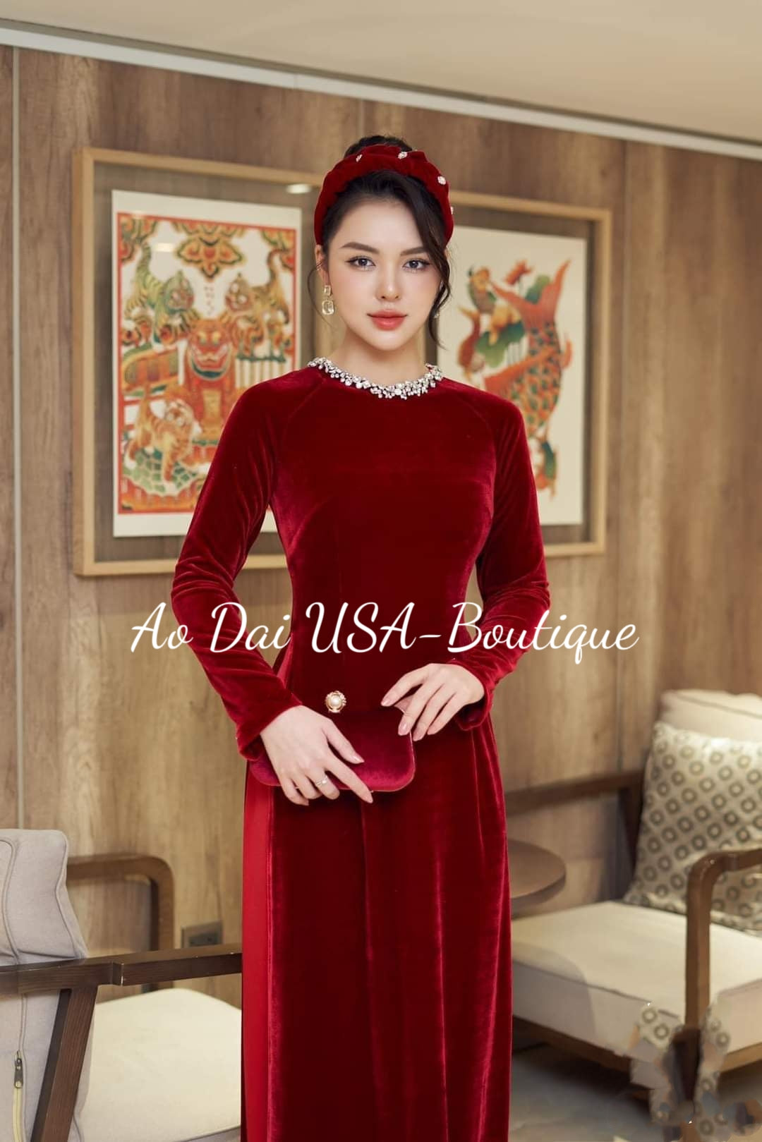 Top Only- Prussian Red Velvet Ao Dai