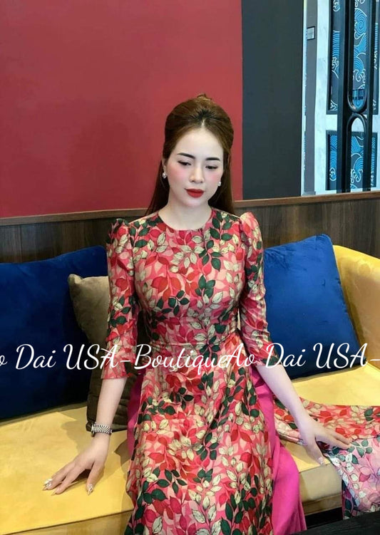 Set Ao Dai Hoa Lua To Chau- Pink Pants Included