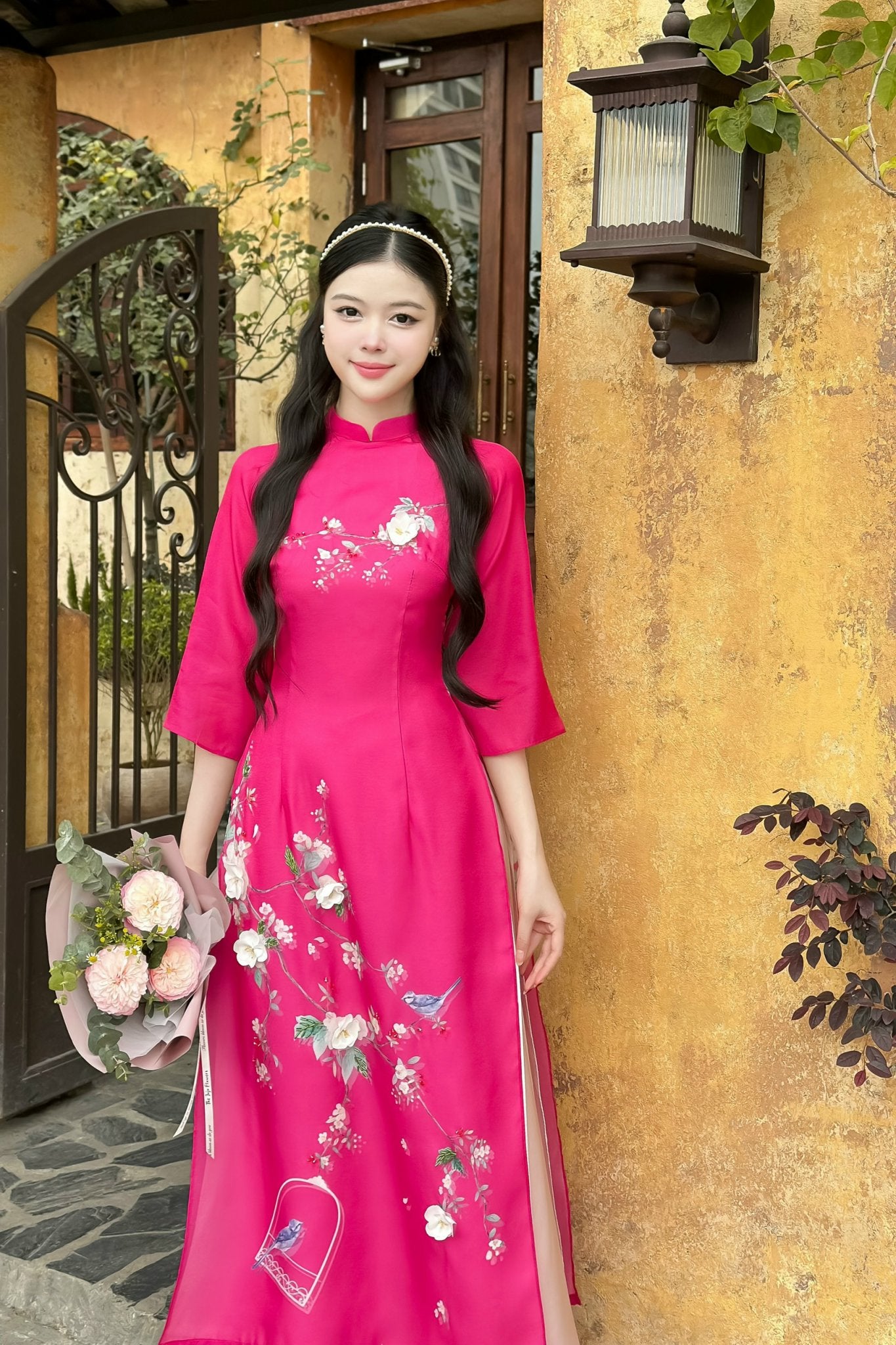 Set Ao Dai Cach Tan Hot Pink Color