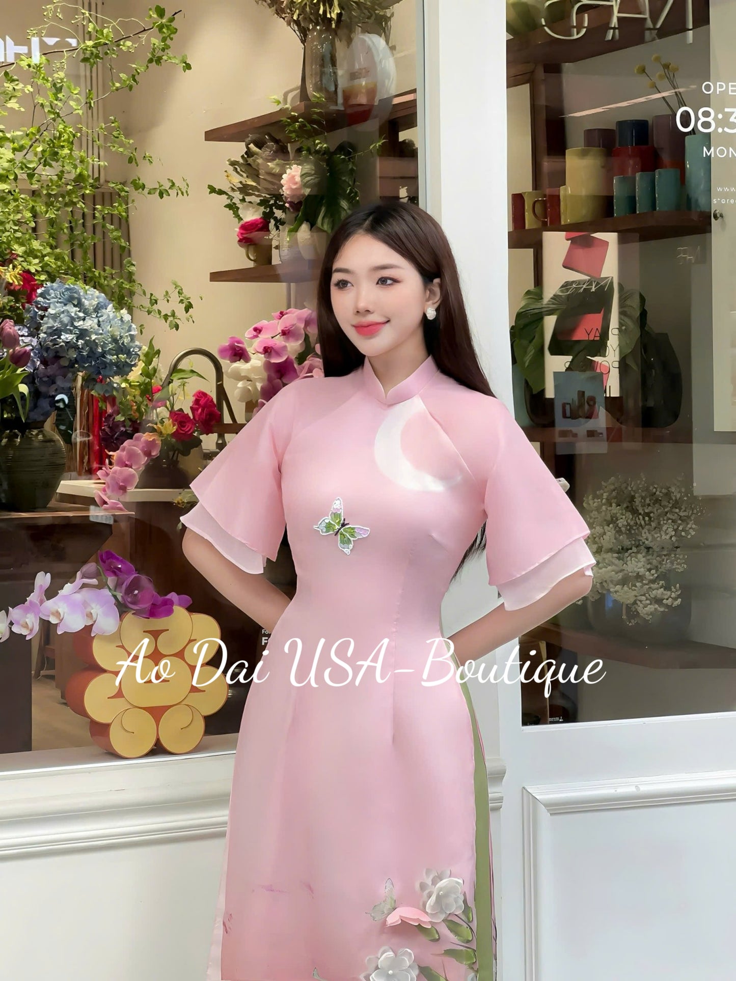 Light Pink 3D Blossoms Branches Ao Dai Set B292